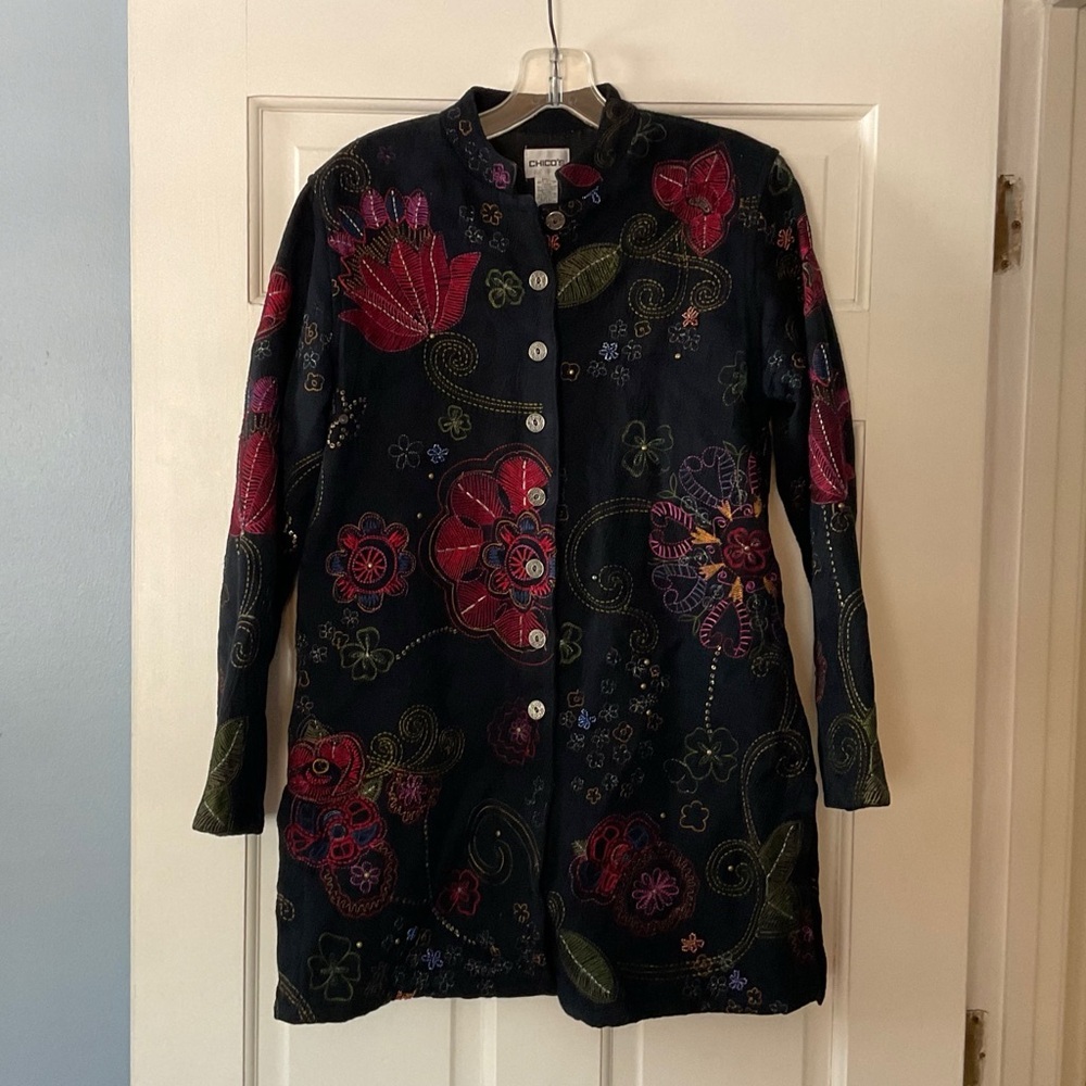 Chico’s Embellished Embroidered Beaded Jacket Black 0 Size S Artsy Art To Wear